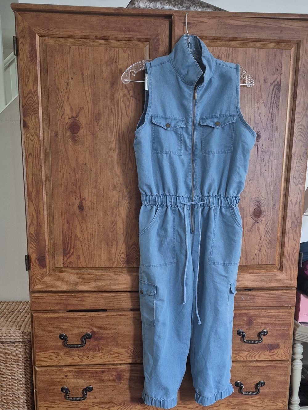 Chesley Sleeveless Denim-Style Light Blue Utility Jumpsuit Small